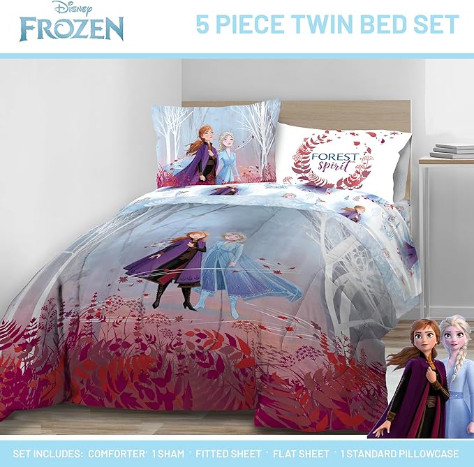 Disney Frozen 2 Forest Spirit 5 Piece Twin Bed Set - Includes Reversible Comforter & Sheet Set - Bedding Features Elsa & Anna - Super Soft Fade Resistant Microfiber - (Official Disney Product)