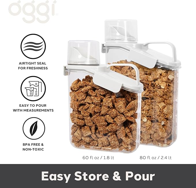 Oggi Easi Pour Airtight Food Storage Containers - Cereal Containers Storage, Rice Dispenser, Cereal Dispenser, Snack Storage Containers, Pasta Containers Storage, Containers with Lids - 60oz / 1.8lt