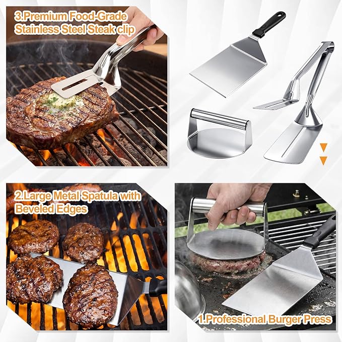 21" Insulated BBQ Blanket for Resting Meat, 9 Pcs Griddle Accessories Set, Heat Resistant Gloves, Stainless Steel Griddle Spatula, Tongs& Brushes, Meat Press, Gift for Men, Dad, Grill Lovers