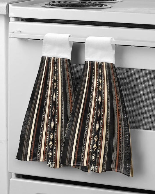 Alandar Home Kitchen Tie Towel Set of 2, Ethnic Brown Stripes Retro Style Absorbent Soft Hand Towels for Bathroom Hanging Towels, Abstract Geometric Fast Drying Cleaning Cloth with Loop