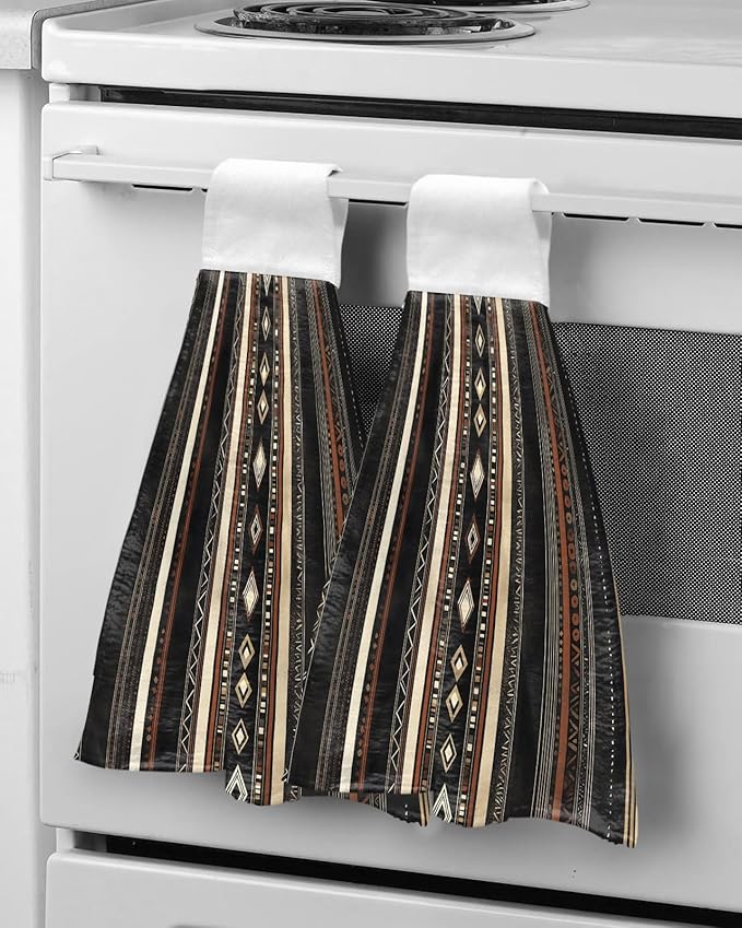 Alandar Home Kitchen Tie Towel Set of 1, Ethnic Brown Stripes Retro Style Absorbent Soft Hand Towels for Bathroom Hanging Towels, Abstract Geometric Fast Drying Cleaning Cloth with Loop