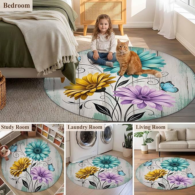 Washable Round Area Rug Farm Flower Daisy Retro Wood Barn Circle Rugs Floor Carpet for Living Room Bedroom, Blossom Flower Butterfly Soft Non Slip Round Rug 3ft