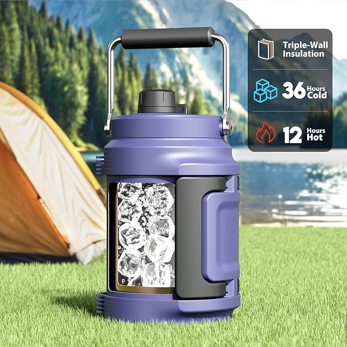 64 oz Insulated Water Bottle for Gym: Meoky Triple Wall Vacuum Stainless Steel Half Gallon Water Jug - Top and Side Handles, 2-in-1 Straw and Spout Lid, Cold for 36 Hrs, Leak Proof for Camping (Navy)