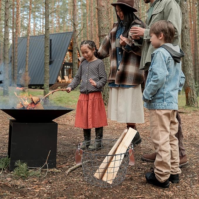 Uonlytech Portable Metal Wire Firewood Storage Basket with Handle Round Outdoor Firewood Organizer for Camping and Indoor Use Large Capacity Multi-purpose Iron Basket for Logs and Sundries