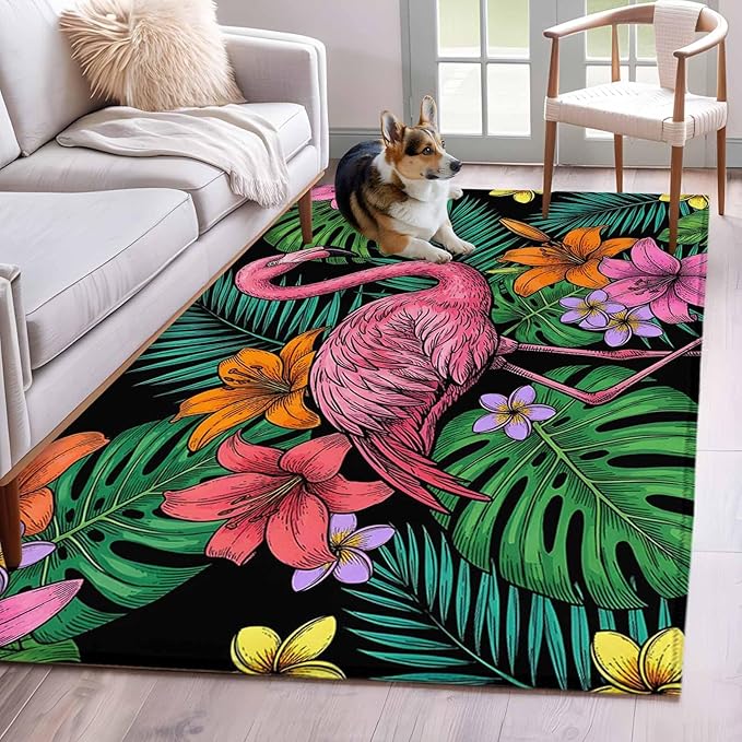 Area Rug 3x5ft, Pink Flamingos Tropical Leaf Washable Rugs for Living Room Bedroom, Colorful Lily Blossom Floral Soft Non-Slip Area Rugs Rectangle Floor Carpet for Dining Room