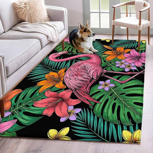 Area Rug 3x5ft, Pink Flamingos Tropical Leaf Washable Rugs for Living Room Bedroom, Colorful Lily Blossom Floral Soft Non-Slip Area Rugs Rectangle Floor Carpet for Dining Room