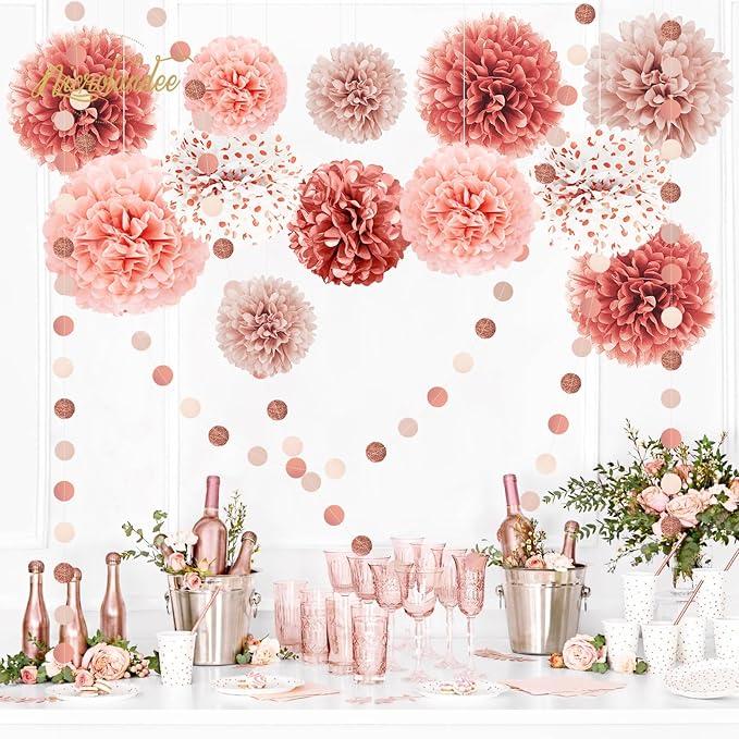 NICROLANDEE Rose Gold Wedding Decorations - 15 PCS Tissue Paper Pom Poms for Engagement Party Wedding Birthday Bridal Shower Bachelorette Dot Paper Garlands Rose Gold Valentines Party Backdrop Decor