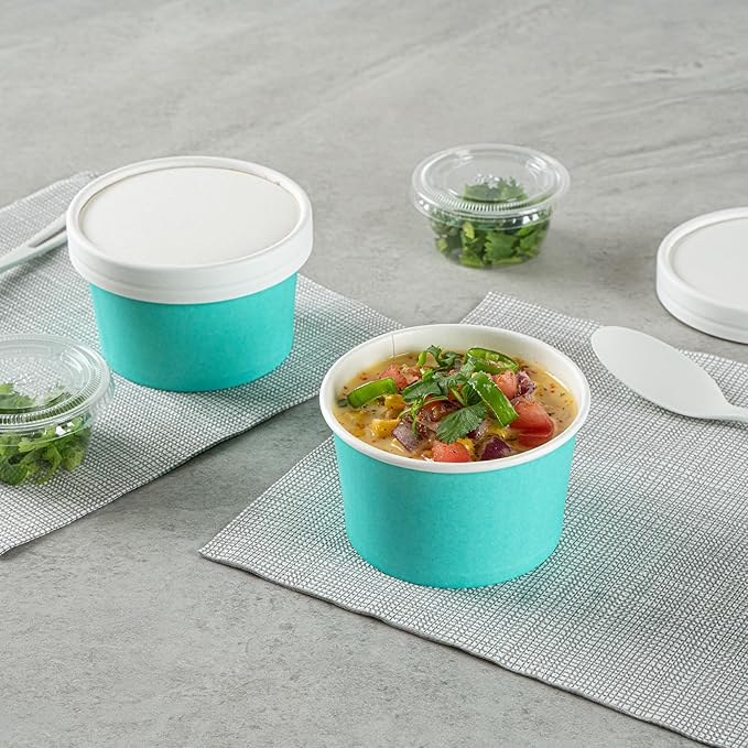 Restaurantware Coppetta 5 Ounce Dessert Cups, 50 Disposable Ice Cream Cups - Lids Sold Separately, Sturdy, Turquoise Paper FroYo Bowls, Striped, For Hot And Cold Foods, Perfect For Gelato