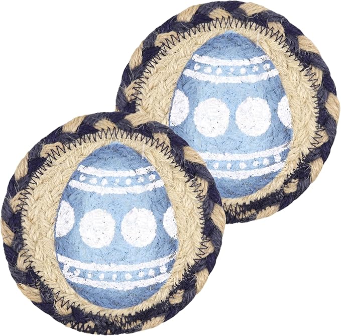 Blue Easter Egg Themed Coasters, Braided Jute with Pastel Design, Woven Coaster Set for Mugs and Cups, Seasonal Kitchen Decor, 5 Inches (Pack of 2)