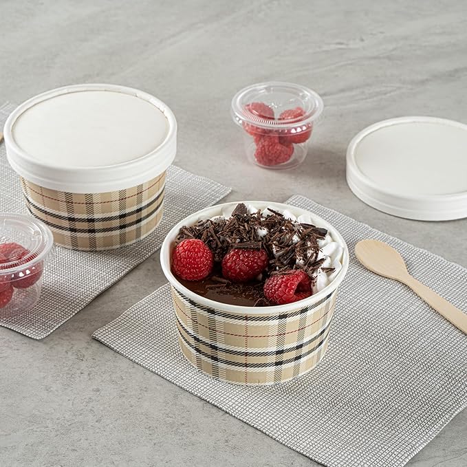 Restaurantware Coppetta 12 Ounce Dessert Cups, 50 Disposable Ice Cream Cups - Lids Sold Separately, Sturdy, Plaid Paper FroYo Bowls, For Hot And Cold Foods, Perfect For Gelato Or Mousse