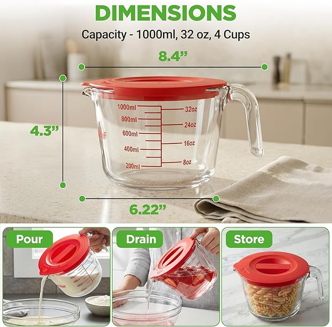 NutriChef 4 Cups Glass Measuring Cup with Lid (34 oz) - Heat-Resistant Borosilicate Liquid Measure Cup with Easy-Read Scale for Cooking, Baking and Food Storage, Dishwasher and Freezer Safe