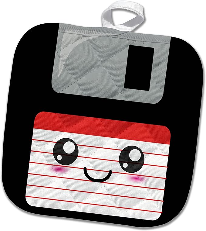 3dRose Pot Holder - Kawaii Cute Happy Floppy Disk - Geeky Retro Computer - Japanese Anime Smiley Cartoon with red Label - 8 by 8-inches (PHL_57455_1)
