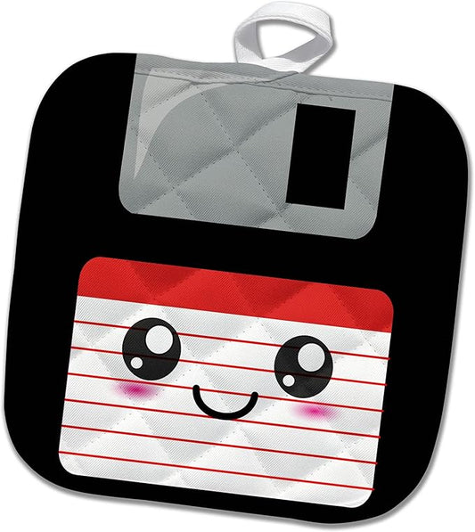3dRose Pot Holder - Kawaii Cute Happy Floppy Disk - Geeky Retro Computer - Japanese Anime Smiley Cartoon with red Label - 8 by 8-inches (PHL_57455_1)