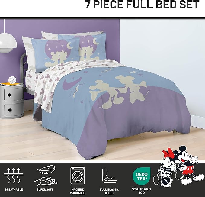 Disney Mickey Mouse & Minnie Mouse Full Size Comforter Set - 7 Piece Bedding Includes Sheet Set & Pillow Covers - Super Soft Cozy Bedding