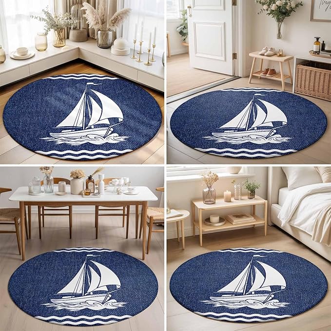 Washable Round Area Rug Nautical Sailing Boat on Steel Blue Circle Rugs Floor Carpet for Living Room Bedroom, Vintage Water Waves Soft Non Slip Round Rug 5ft