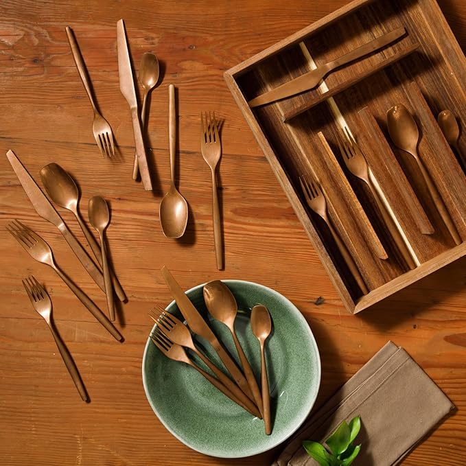 Bloomhouse - Two Time Oprah's Favorite Things Winner - 20 Piece Stone Washed Rose Gold Flatware 18/10 Stainless Steel Silverware Cutlery Utensil Set With Acacia Wood Caddy - Service for 4