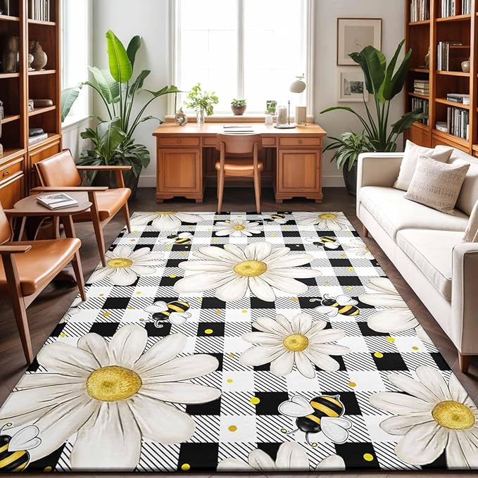 Area Rug 8x10ft, Farmhouse Blossom Flower Bee Washable Rugs for Living Room Bedroom, Spring Daisy Black White Plaid Soft Non-Slip Area Rugs Rectangle Floor Carpet for Dining Room