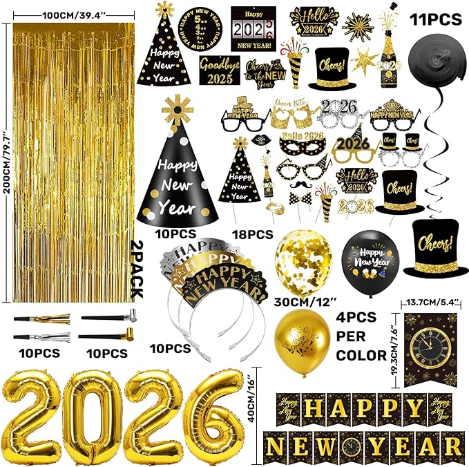 MOVINPE New Year Eve Party Decorations Kit 2026 - Happy New Year Party Supplies, Banner Cone Hats Tiaras Curtain Hanging Swirls Squawkers Blowouts Number Balloons Photo Booth Props Serve 20