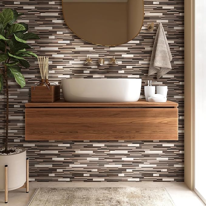 Yipscazo 5 Sheets Peel and Stick Stone Metal Tile Backsplash, Stick on Tiles for Backsplash Kitchen, Bathroom, Laundry Room, Camper, Fireplace (12'' X 12'', Brown Wood)