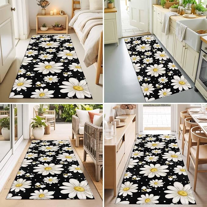 Runner Rug for Bedroom Hallway, Watercolor White Floral Daisy Bee Kitchen Runner Rugs Area Rug 2x6ft, Blossom Flower on Black Washable Soft Floor Carpet for Entryway Stair
