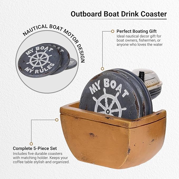 Pine Ridge Drink Coaster Set of 5 - Outboard Boat Motor Design My Boat My Rules, Five O'clock - Coffee Coasters with Holder and Rubber Pads