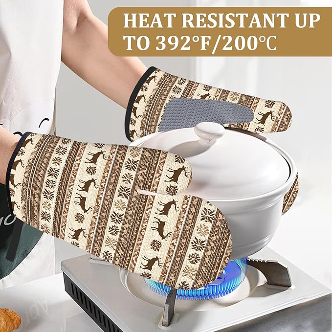 Brown Rustic Deer Oven Mitts and Pot Holders Sets 4Pcs Wild Animal Silicone Kitchen Gloves Heat Resistant Potholders for Baking Cooking Grilling BBQ