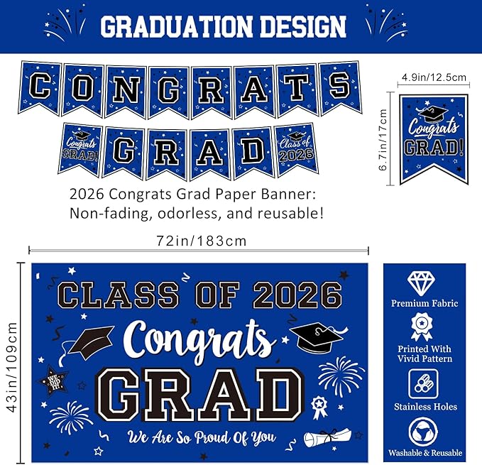 Graduation Decorations Class of 2026 - Blue Themed Graduation Supplies Include Grad Backdrop, Banner, Hanging Swirls, Porch Sign, Balloons, Foil Number 2026 for Congrats Grad Party Decorations