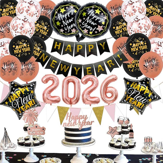 New Years Eve Party Decorations 2026, Rose Gold Happy New Year Decorations, Happy New Year Banner, 16inch 2026, 18inch Star & Round Foil Balloons, Latex Confetti Balloons