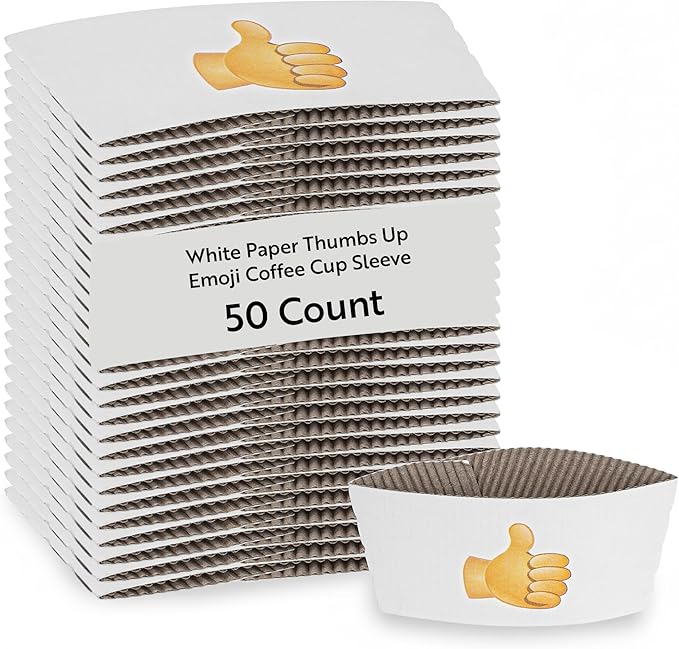 Restaurantware SLEEVES ONLY: Restpresso 5.1 x 2.8 Inch Coffee Cup Sleeves 50 Corrugated Hot Cup Sleeves - Thumbs-Up Emoji Heat-Tolerant White Paper Disposable Coffee Sleeves Secure Grip