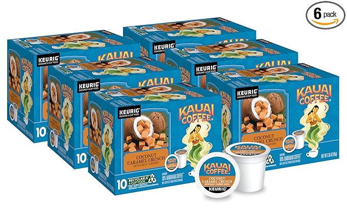 Kauai Coffee K-Cup Pods for Keurig Brewers – Arabica Coffee, 10% Hawaiian – Medium Roast, Nutty Caramel with Tropical Coconut – Coconut Caramel Crunch, 6 Packs of 10 Single Serve K-Cups