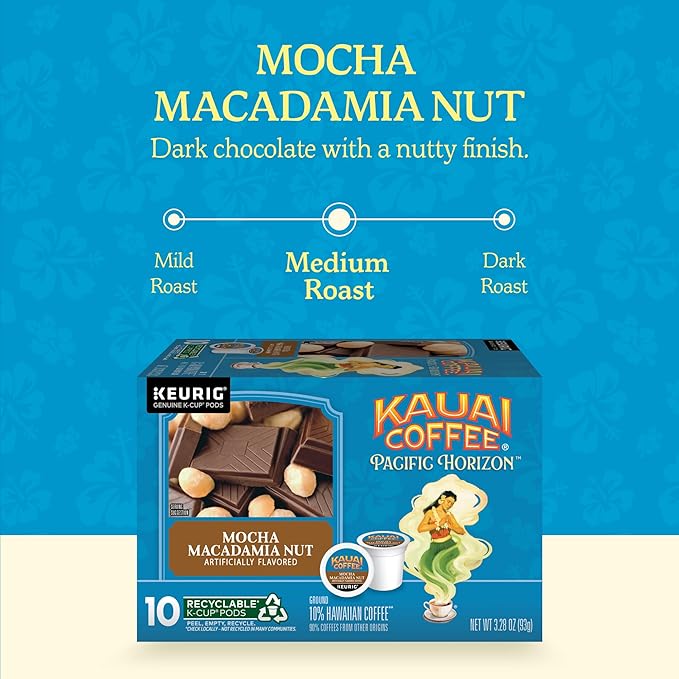 Kauai Coffee K-Cup Pods for Keurig Brewers – Arabica Coffee, 10% Hawaiian – Medium Roast, Savory and Chocolatey Aroma – Mocha Macadamia Nut, 6 Packs of 10 Single Serve K-Cups