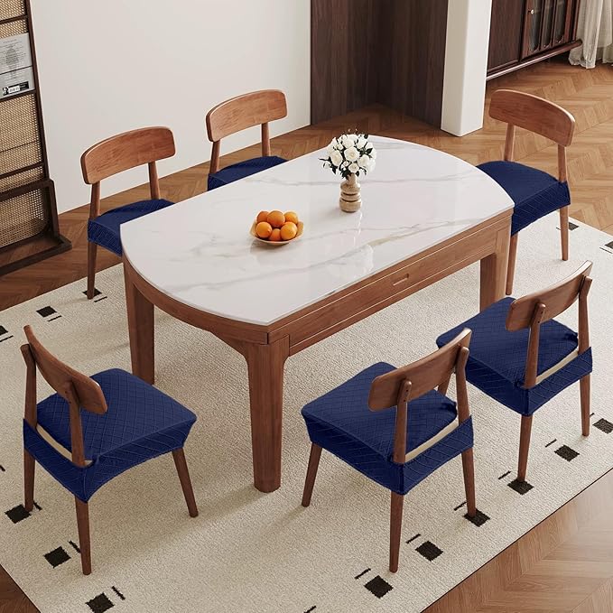 Genina Waterproof Seat Covers for Chairs,Set of 6 Dining Room Chair Seat Covers for Kitchen,Stretch Jacquard Removable Washable Dining Chair Slipcovers Protectors,No Rear Covers, Navy Blue