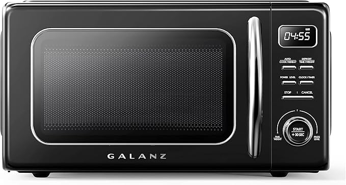 Galanz GLCMKZ11BKR10 Retro Countertop Microwave Oven with Auto Cook & Reheat, Defrost, Quick Start Functions, Easy Clean with Glass Turntable, Pull Handle, 1.1 cu ft, Black