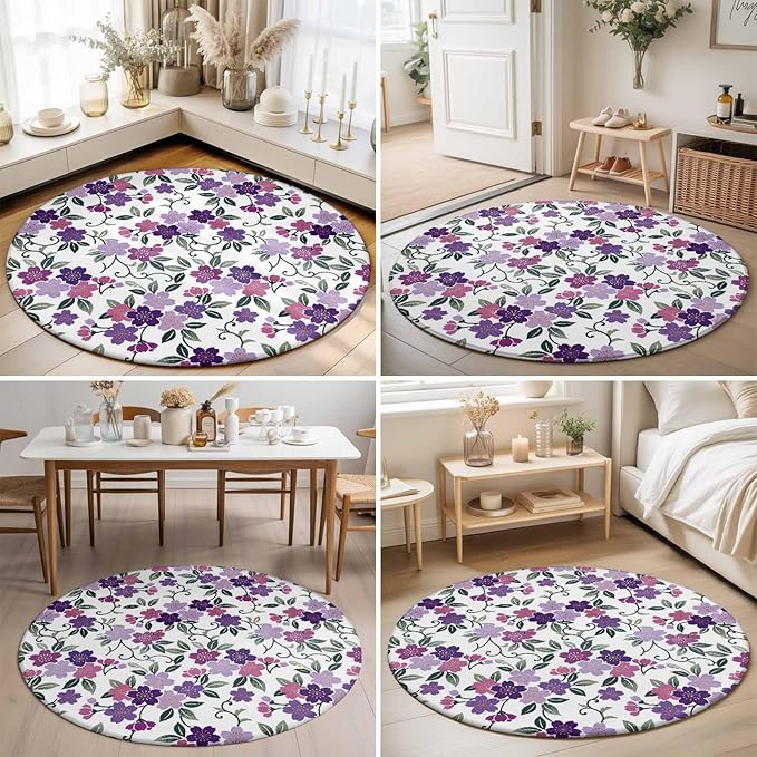 Washable Round Area Rug Country Purple Pink Flower Green Leaf Circle Rugs Floor Carpet for Living Room Bedroom, Pastoral Floral Plant Soft Non Slip Round Rug 5ft