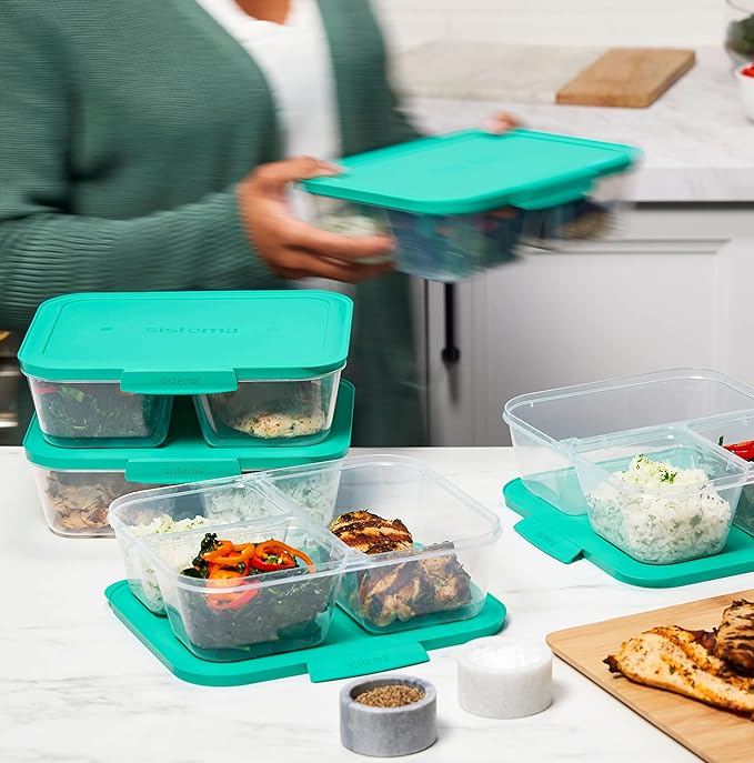 Sistema Nest It Meal Prep Food Storage Containers with Lids, 5-Pack of Large 8-Cup Containers with 3 Divided Compartments, Airtight & Leak-Resistant, Dishwasher, Microwave, & Freezer-Safe, BPA-Free