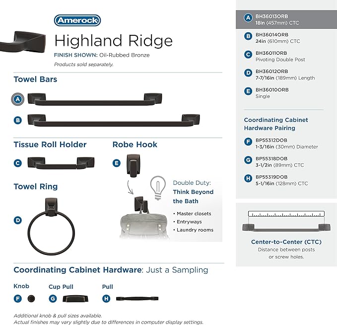 Amerock BH36013ORB | Oil Rubbed Bronze Towel Bar | 18 in (457 mm) Towel Rack | Highland Ridge | Bathroom Towel Holder | Bathroom Hardware | Bath Accessories