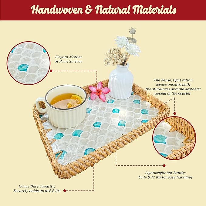 Rattan Rectangle Tray with Mother of Pearl Inlay – Unique Decorative Rattan Serving Tray for Coffee Table, Bathroom Vanity, Perfume & Nightstand – Ideals for Housewarming (Fin 11.8")