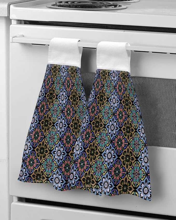 Alandar Home Kitchen Tie Towel Set of 2, Damask Baroque Ethnic Floral Bohemian Absorbent Soft Hand Towels for Bathroom Hanging Towels, Rhombus Geometric Art Fast Drying Cleaning Cloth with Loop