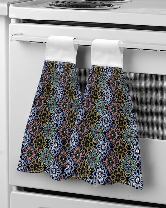 Alandar Home Kitchen Tie Towel Set of 2, Damask Baroque Ethnic Floral Bohemian Absorbent Soft Hand Towels for Bathroom Hanging Towels, Rhombus Geometric Art Fast Drying Cleaning Cloth with Loop