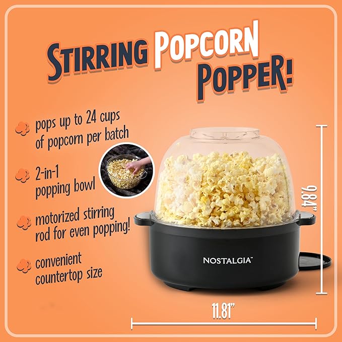 Nostalgia Non Stick Stirring Popcorn Maker for 24 Cups of Theatre Style Popcorn with Hot Oil - Dual-Use Lid & Serving Bowl - Quick Heat Technology & Cool Touch Handles - Ez Store - Black