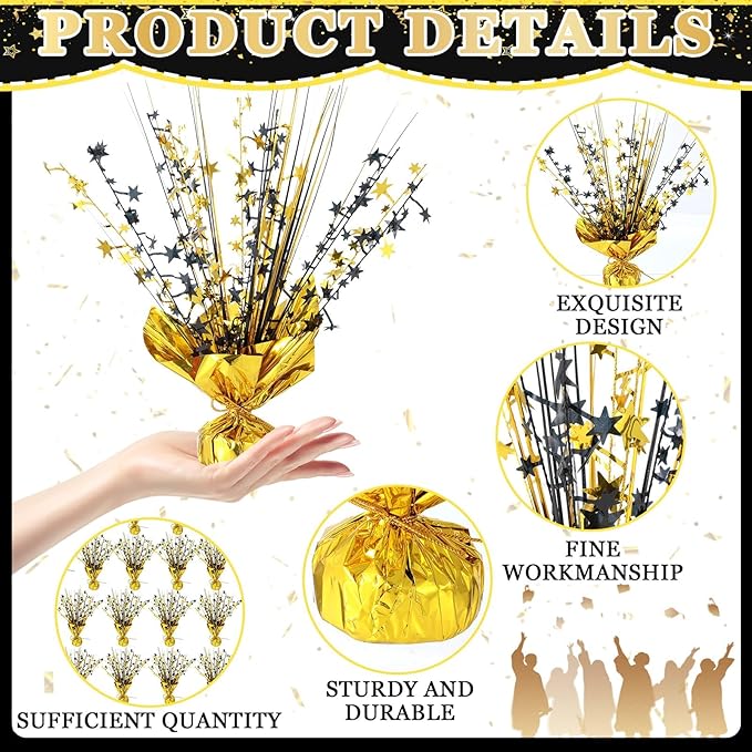 18 Pack 2026 Graduation Table Centerpiece Decoration Metallic Foil Spray Centerpiece Glitter Star Brust Table Topper Decoration for Graduation Birthday New Year Holiday Party Supplies (Black and Gold)