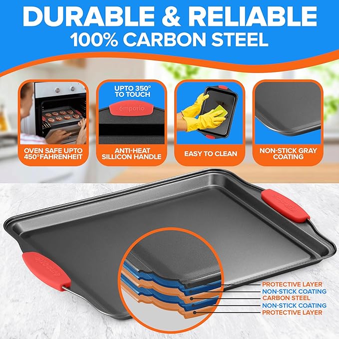 Emporio Kitchen Baking Pan Set - Nonstick Coating, Carbon Steel Bakeware Set with Red Silicone Handles, PFOA, PFOS, PTFE Free, Recipe Booklet Included, Oven Safe Tray (Up To 450° F), Set of 25 - Black