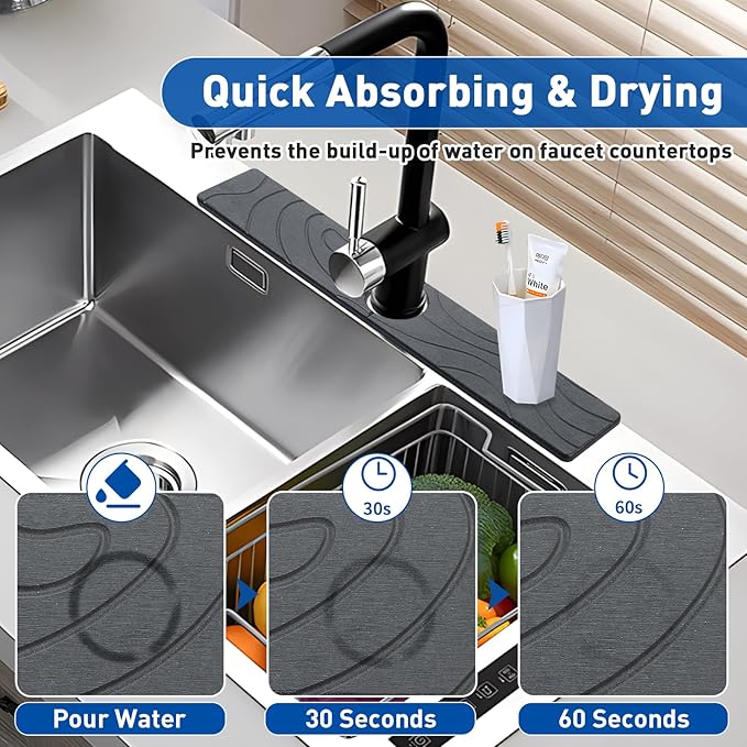 Faucet Mat for Kitchen Sink - Diatomite Quick Dry Sink Splash Guard, Super Absorbent, Kitchen Stone Sink Tray, Faucet Splash Guard for Bathroom Counter (23.62 * 3.93")