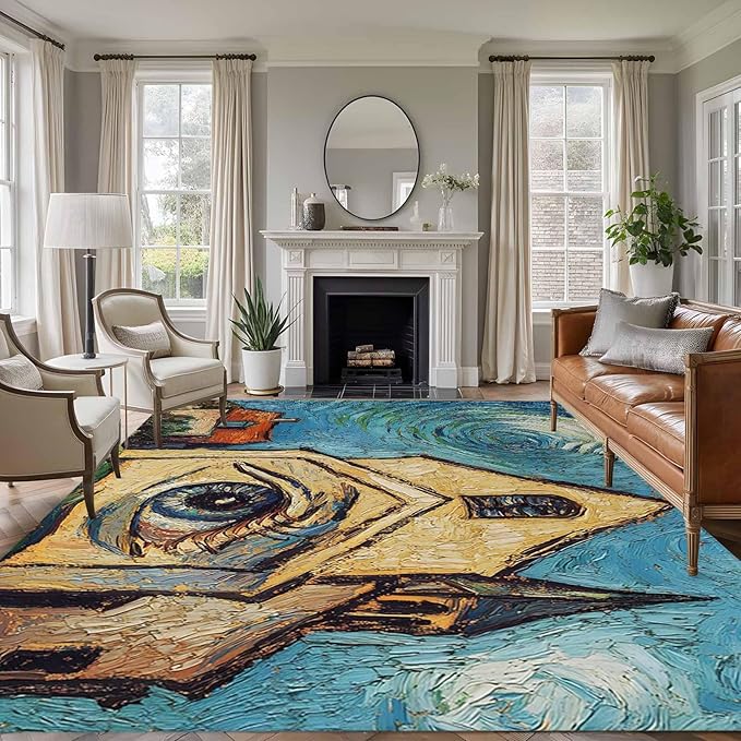 Area Rug 8x10ft, Abstract Farmhouse Starry Night Eye Washable Rugs for Living Room Bedroom, Rustic Oil Painting Art Soft Non-Slip Area Rugs Rectangle Floor Carpet for Dining Room