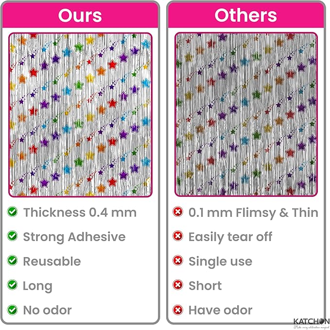 KatchOn, Star Silver Foil Fringe Curtains – Pack of 2 | Silver Fringe Backdrop for Birthday, Labor Day Decorations, Graduation Decorations 2026 | Star Streamers for Rainbow, Space Party Decoration