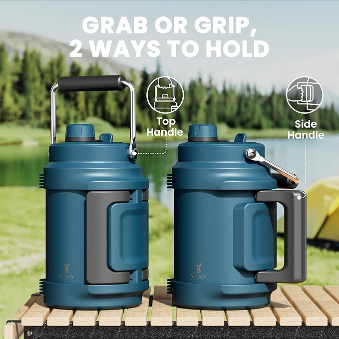 64 oz Insulated Water Bottle for Gym: Meoky Triple Wall Vacuum Stainless Steel Half Gallon Water Jug - Top and Side Handles, 2-in-1 Straw and Spout Lid, Cold for 36 Hrs, Leak Proof for Camping (Denim)