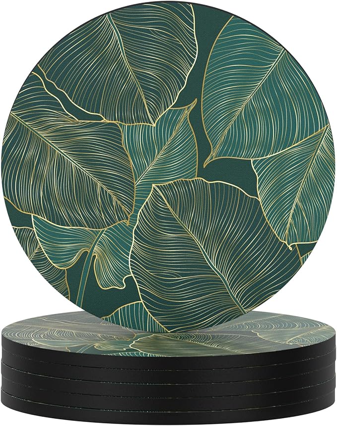 Nipichsha Coasters for Drinks, Set of 6 Cute Absorbent Rubber Drink Coasters for Cup with Non Slip Backing, Kitchen Home Decor Housewarming Gift, Round 4 in, Tropical Leaf