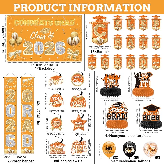 Orange 2026 Graduation Party Decor Kit-Includes Backdrop, Banner, Balloons, Hanging Ornaments & Honeycomb Decorations for Class of 2026 -Full Set for High School and University Graduation Events