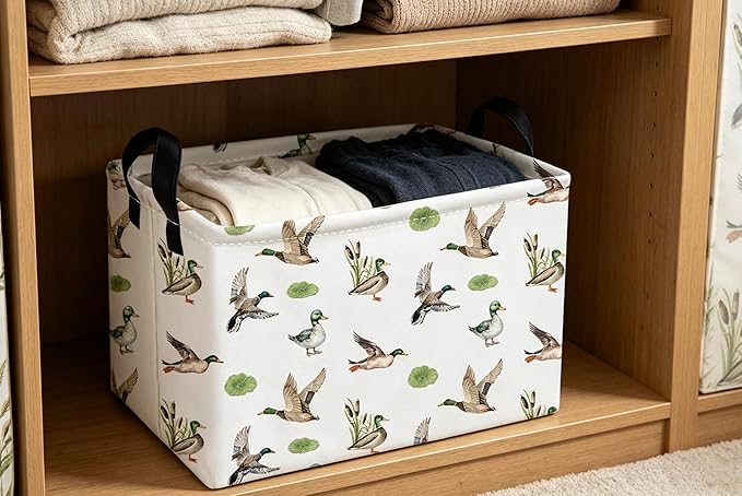 Essme Rectangular Kids Baskets,Duck Storage Box,Cute Basket for Kids with Handles for Room Decor, Book Bins,Shelf Basket.（Green Duck