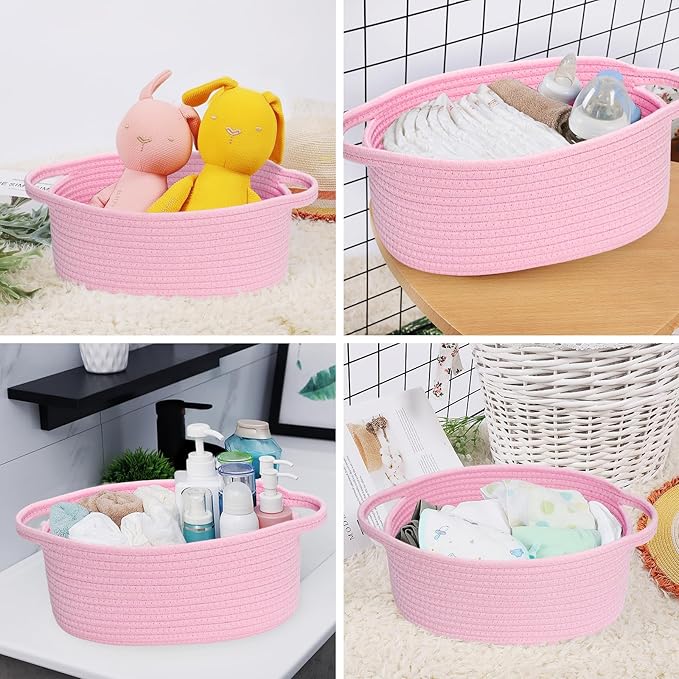 ABenkle Small Basket, 12"x 8" x 5" Cute Small Woven Basket, Rope Room Shelf Storage Basket, Cat Dog Toys Basket Chest Box, Decorative Empty Gift Basket with Handles - All PInk